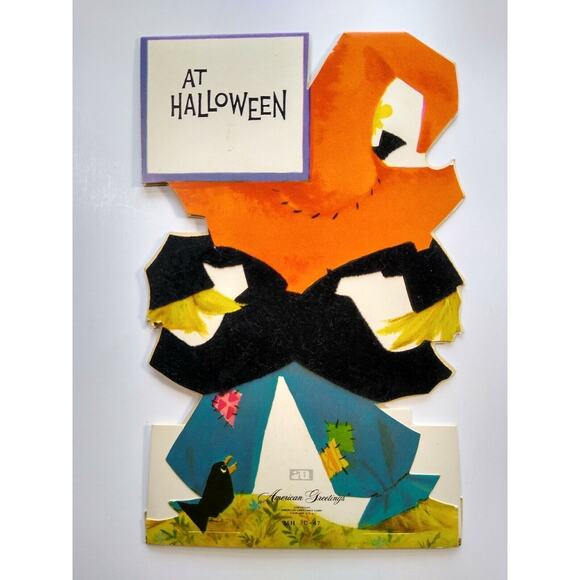 Vintage Halloween Greeting Card Flocked Diecut Standup Scarecrow & Black Bird - Picture 7 of 8